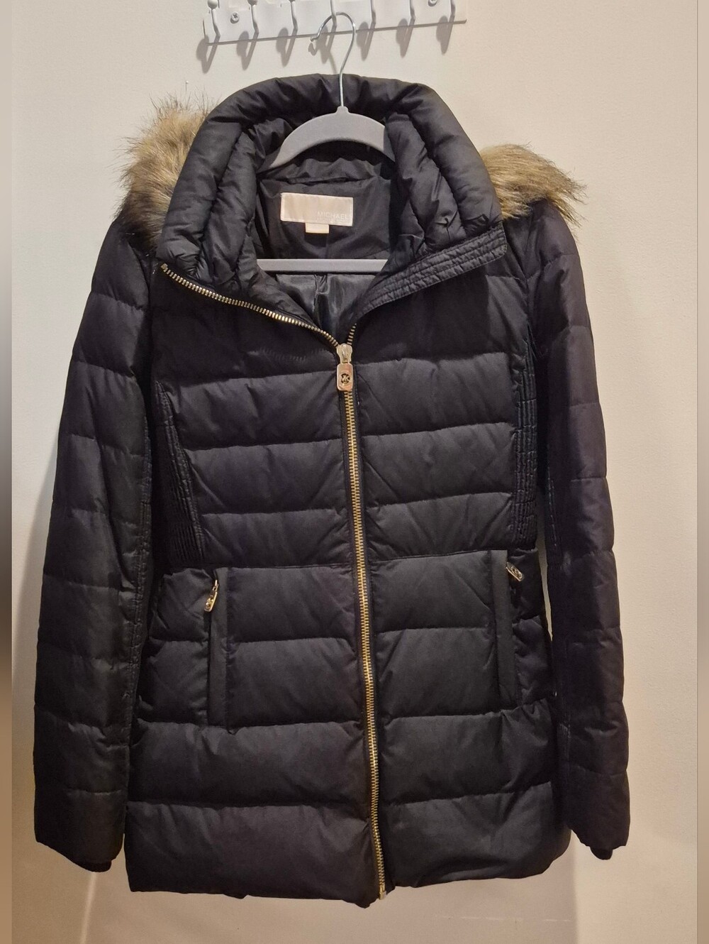 Black Quilted Hooded Puffer Coat with Faux Fur Trim